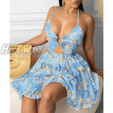 Hnewly Fashion Women Sexy Backless Halter Floral Print Mini Dress Beach Dresses O-Ring Cut-Out